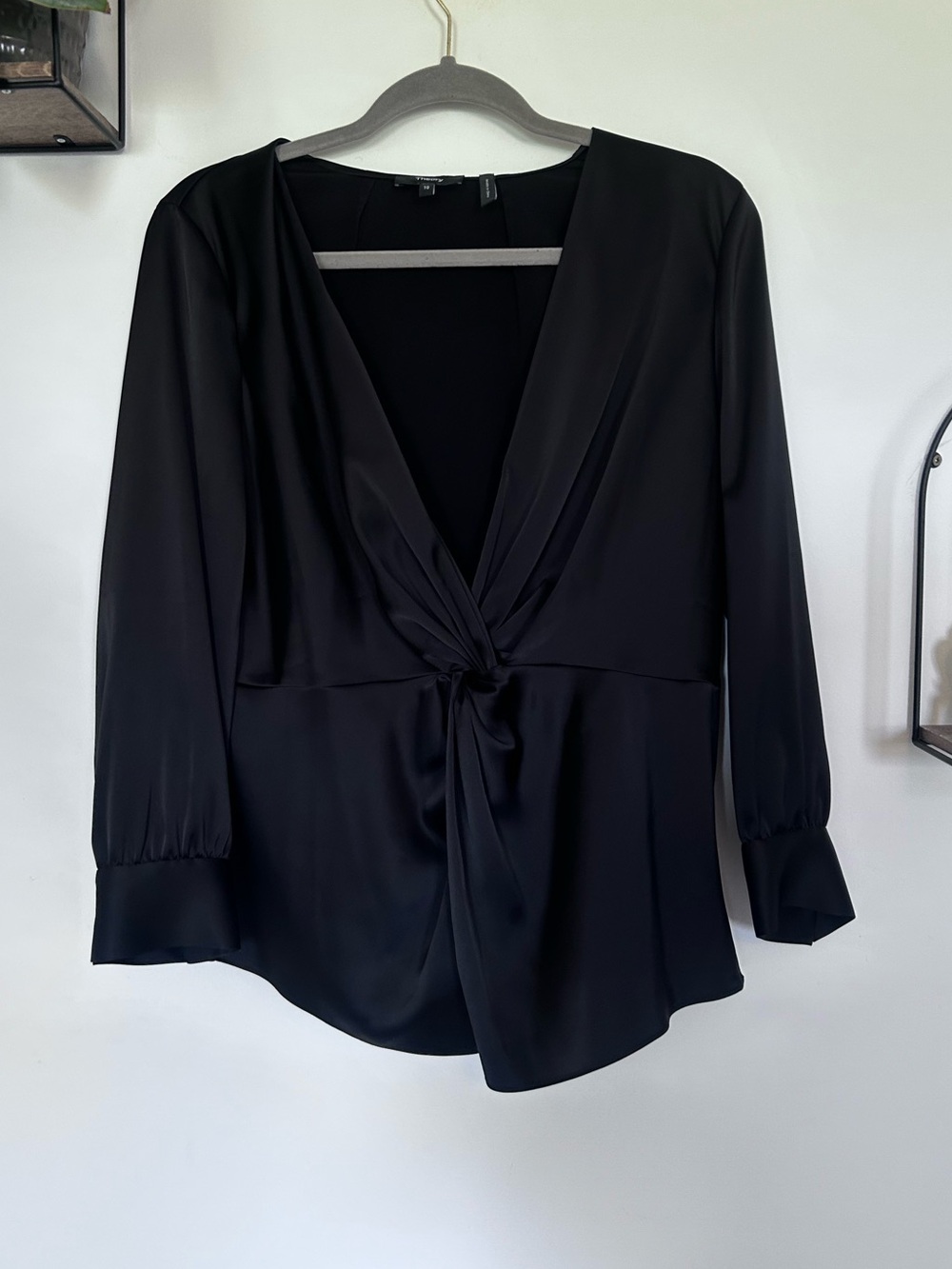 Theory Black Long Sleeve Deep V Neck Twist Front Blouse Size 10